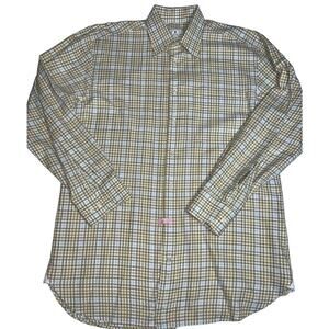 Peter Millar Dress Shirt Men's Size Med Yellow Brown White Blue Plaid Button Up